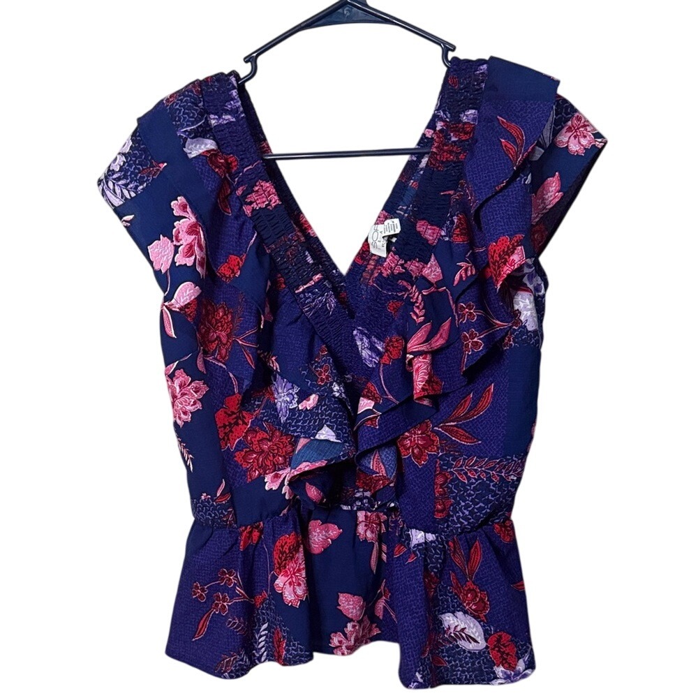 SOFIA VERGARA Top Floral Ruffle Navy Blue‎ Sleeveless Blouse